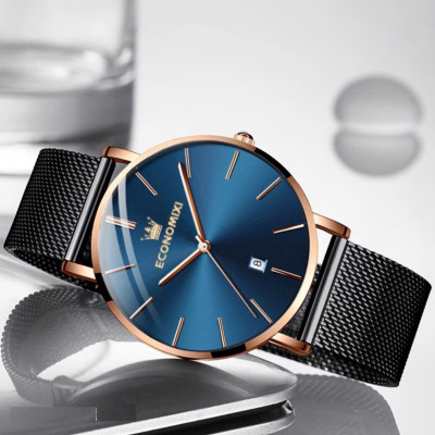 Đồng Hồ Nam Chính Hãng ECONOMICXI Dây Thép Mành Đen Kích Thước Mặt 40mm Có Lịch Ngày - Thiết Kế Nam Tính ECNTA23