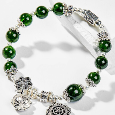 Vòng Tay Phong Thủy Nữ Đá Diopside Phối Charm Hoa Vintage (7mm) Mệnh Mộc, Hỏa Ngọc Quý Gemstones