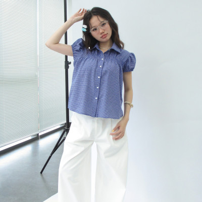 DOTTIE - Áo sơ mi kiểu nhún ngực - Xanh - T1116