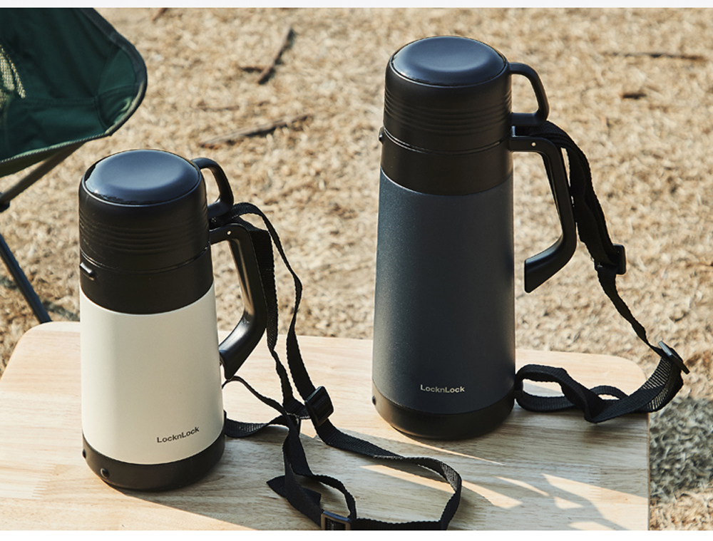 Bình giữ nhiệt Lock&Lock Easy Outdoor Vacuum Bottle màu xanh navy LHC1485NVY 1,8L - Hàng chính hãng có quai xách, nắp dùng làm cốc nước - JoyMall