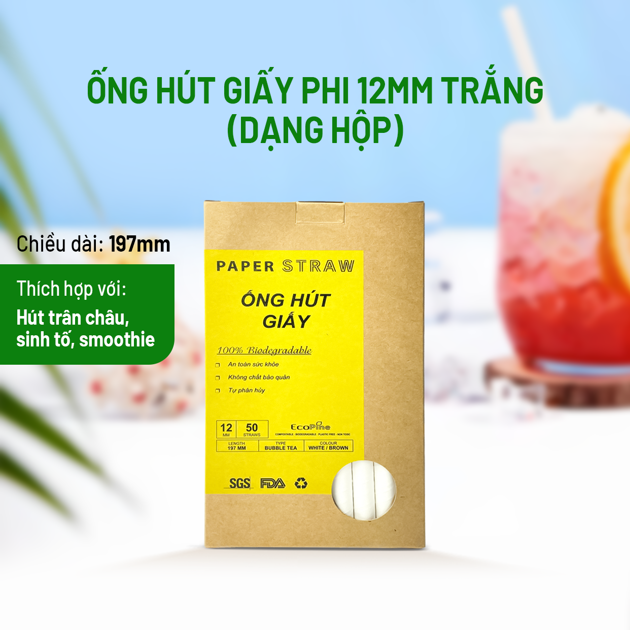 Hộp 50 ống hút giấy phi 12mm trắng ECOPINE - Dùng cho hút trân châu, sinh tố, smoothie