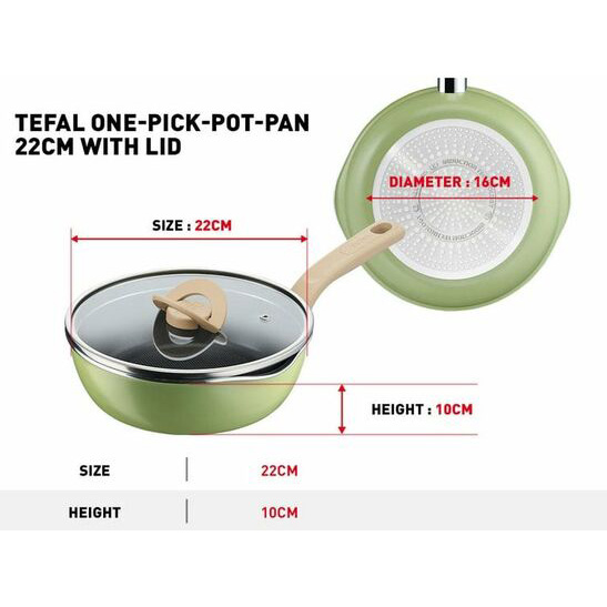 Chảo nồi có nắp chống dính đa năng Tefal One Pick Pot Pan 3 trong 1 - 22cm - Hàng chính hãng