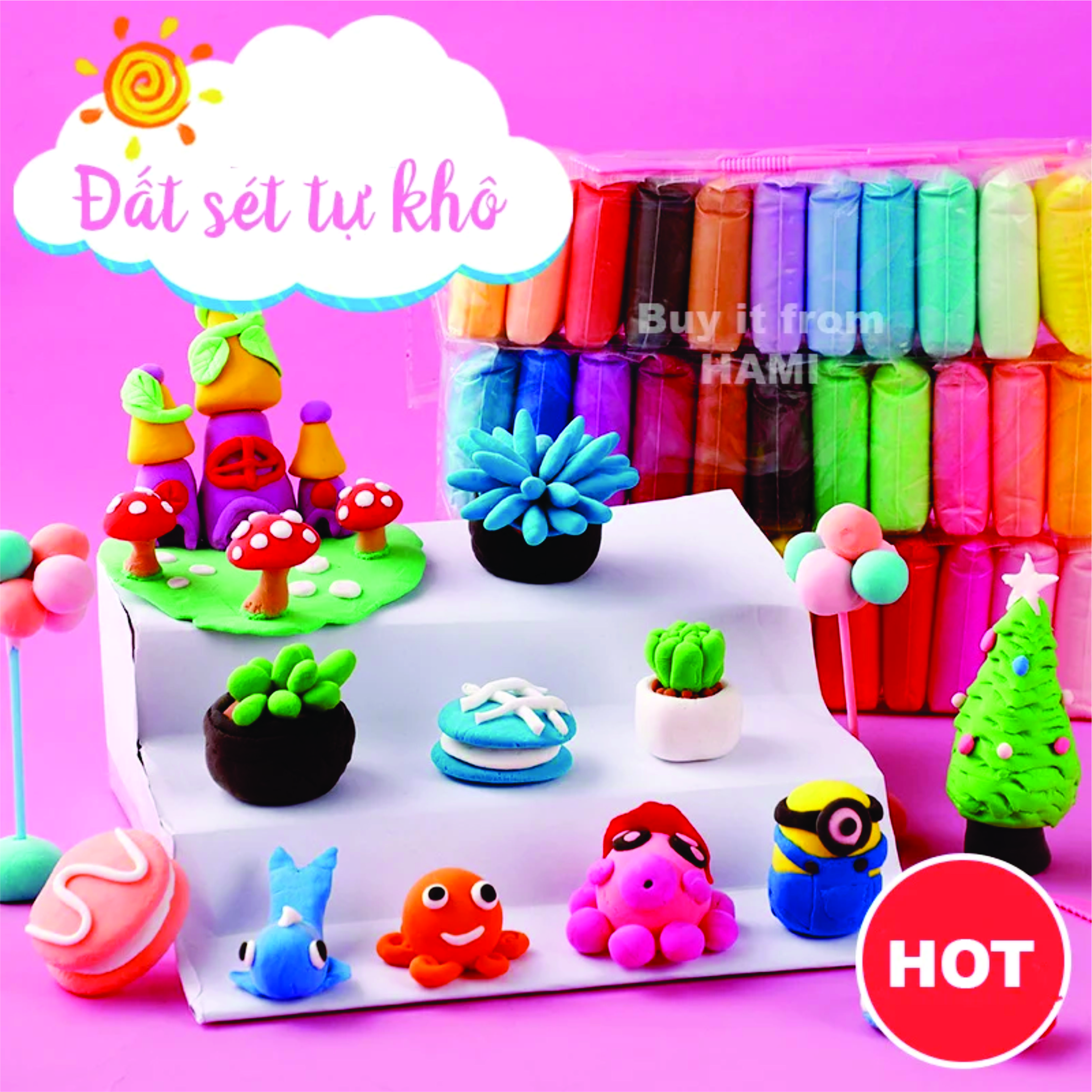 Đất sét, đất nặn tự khô màu an toàn nặn hình đáng yêu siêu nhẹ an toàn cho bé, không mùi