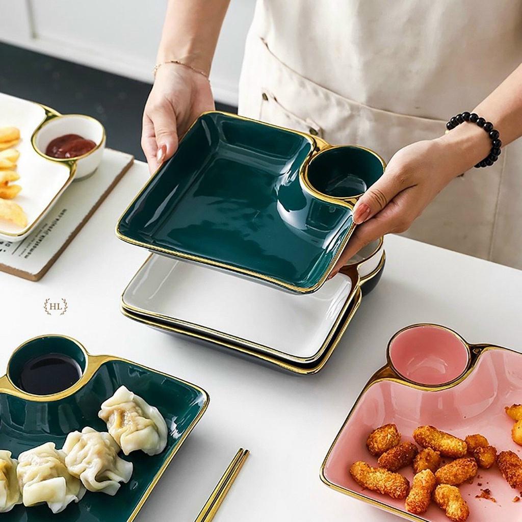 Đĩa sứ phong cách Nhật - hình vuông có ô đựng chấm sốt cực xinh