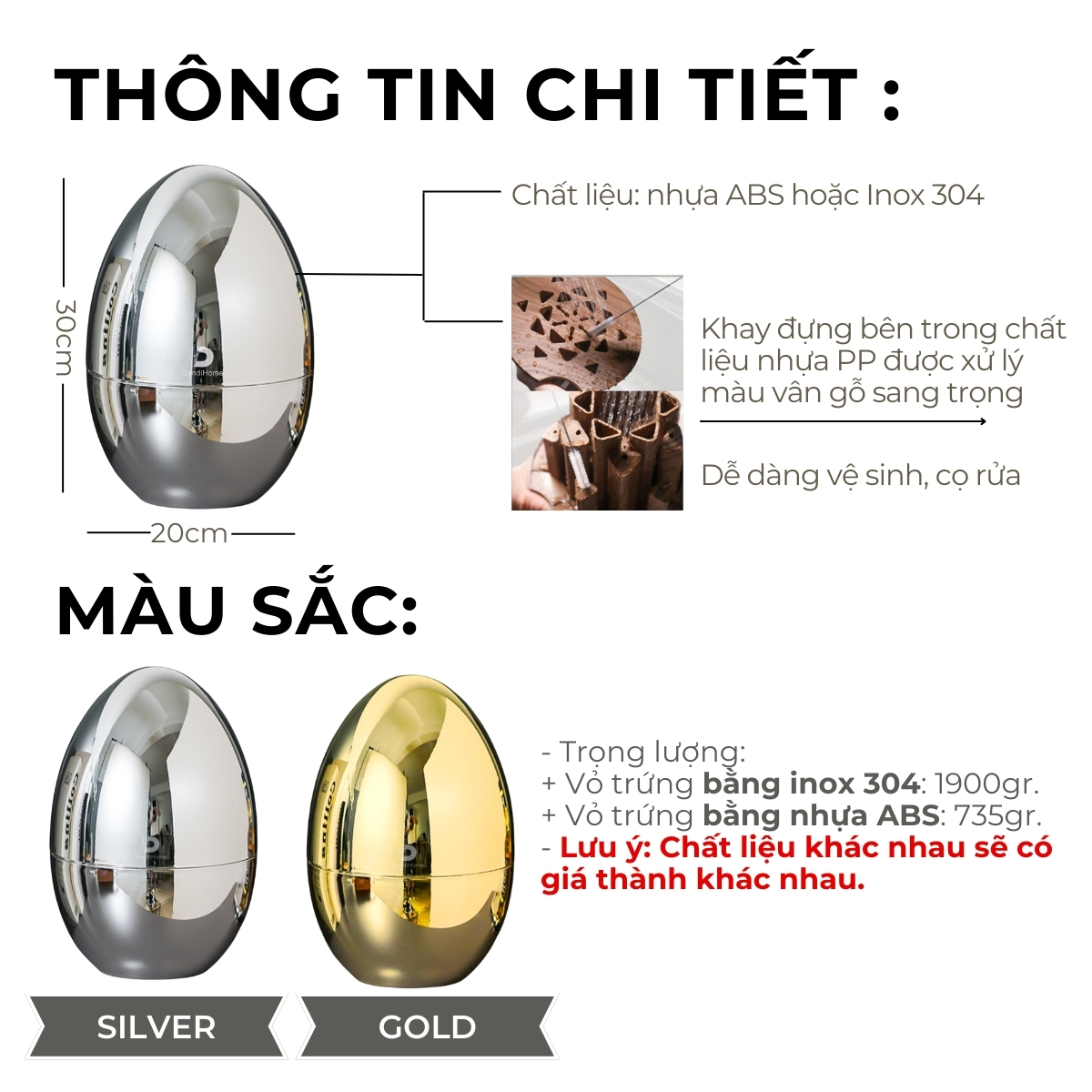 Quả trứng ABS/Inox 304 DandiHome cao cấp đựng dao, thìa, nĩa, decor bàn tiệc, phòng bếp (không kèm dao thìa nĩa)