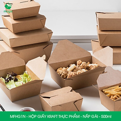 MFHG1N - 100 hộp giấy kraft thực phẩm 500ml, hộp giấy nắp gập màu nâu đựng thức ăn, hộp giấy nắp gài gói đồ ăn mang đi 