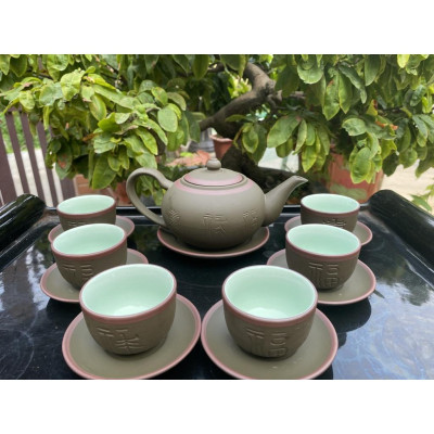 Ấm Chén Trà Tử Sa Khắc Chữ Phúc Lộc Thọ Bát Tràng Tống Xanh Chỉ Đỏ lòng xanh