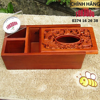 Hộp Đựng Giấy Ăn 3 Ngăn Gỗ Tự Nhiên TOKDODO Chạm Long Phụng