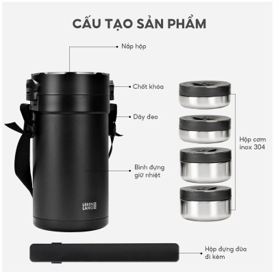 Hộp cơm giữ nhiệt 4 ngăn inox 304 chuẩn Đức LBT856, dung tích 2.2L kèm đũa