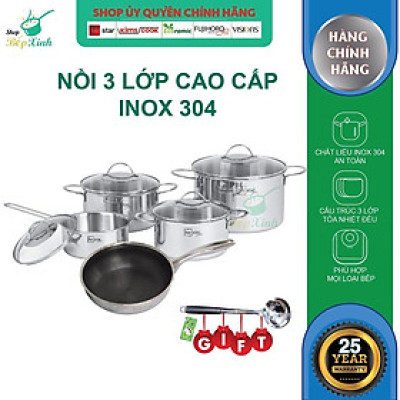 Bộ nồi chảo chống dính tổ ong sâu lòng 3 lớp đáy liền inox 304 Fivestar Plus 5 món quai oval nắp kính , tặng 1 vá canh