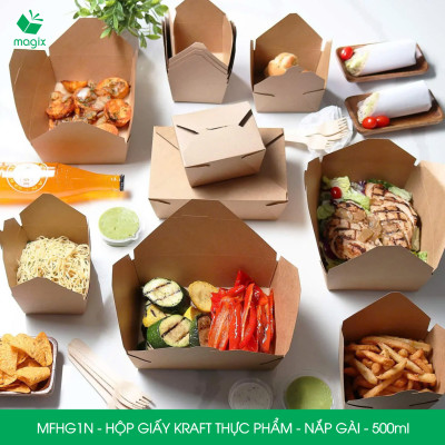 MFHG1N - 100 hộp giấy kraft thực phẩm 500ml, hộp giấy nắp gập màu nâu đựng thức ăn, hộp giấy nắp gài gói đồ ăn mang đi 