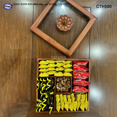 Khay Bánh Kẹo Mứt Tết Gỗ Hương Nắp Kính Vuông Trong Suốt Thiết Kế Trang Trọng - CTH590
