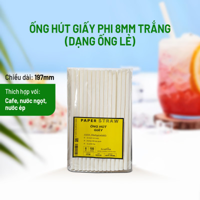 Bịch 100 ống hút giấy phi 8mm trắng ECOPINE