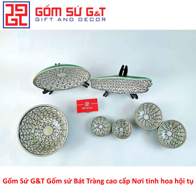 Bộ đồ ăn 4 người men xanh đồng vẽ hoa bèo Gốm Sứ G&T