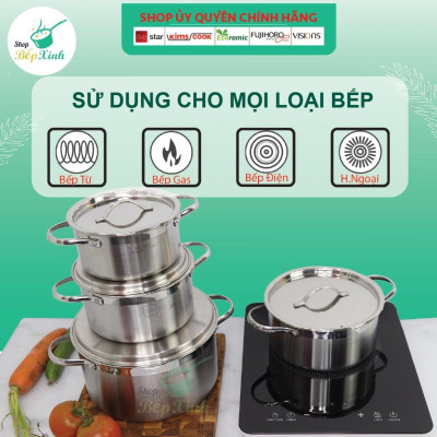 Bộ nồi chảo chống dính vân đá 3 lớp đáy liền inox 304 Fivestar Plus 6 món quai oval nắp kính