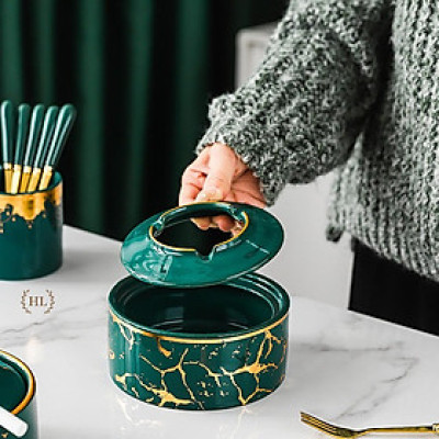 GẠT TÀN SỨ | GẠT TÀN TRÒN SIZE TO HOA VĂN HỌA TIẾT KẺ VÀNG KIM PHONG CÁCH VITANGE 2022 SỨ XANH TRẮNG