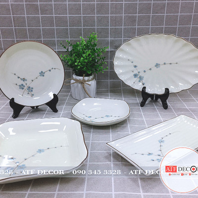 Bộ bát đĩa men kem Bát Tràng cao cấp vẽ đào xanh