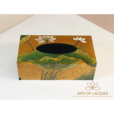 Hộp Đựng Khăn Giấy Vàng Sơn Mài Hoa Sen Trắng