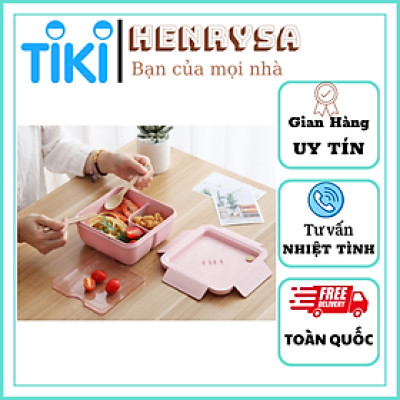 Hộp Cơm Lúa Mạch Vuông 1 Tầng 2 Ngăn Kèm Thìa Đũa (Giao Màu Ngẫu Nhiên) - HENRYSA