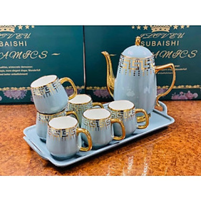 BỘ ẤM CHÉN KÈM KHAY SỨ CAO CẤP PHA TRÀ CÀ PHÊ XANH NGỌC HỌA TIẾT MẮT XÍCH