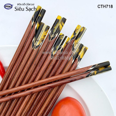 Đũa gỗ Cẩm lai đầu cẩn thạch chéo vân kẻ vàng (10 đôi/Hộp) CTH718 - Sang trọng trên bàn ăn - An toàn cho sức khỏe