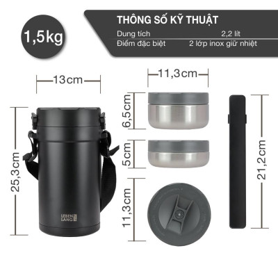 Hộp cơm giữ nhiệt LEBENLANG LBT856 bằng inox 304 với 4 khay riêng biệt, dung tích 2.2L - hàng chính hãng