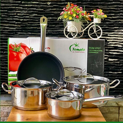 Bộ Nồi Chảo Inox 304 – 7 Món TOM 0707 - Nồi từ - 5 lớp đáy - chảo chống dính - nắp inox 