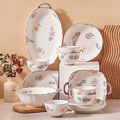 Bán lẻ bát đĩa bộ Hoa Hồng Tím thương hiêu Gosu, tráng men cao cấp sử dụng được trong lò vi sóng và máy rửa bát