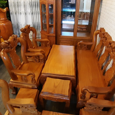 Bộ sofa phòng khách 6 món, gỗ gõ tự nhiên, tay 12