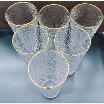 Bộ 6 cốc loe cao thấp thủy tinh viền vàng vân sần 400ml