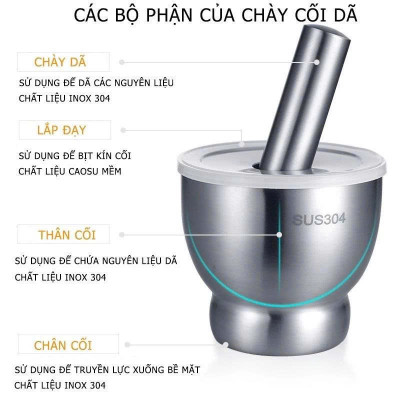 Cối chày inox 304  cao cấp đúc nguyên khối - Kèm nắp đậy , dùng giã hành tỏi, ớt, cua  , dày dặn, không bám mùi, dễ vệ sinh - Size 10cm