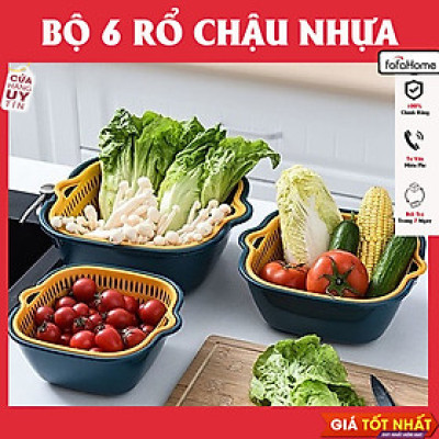 Set Rổ 6 Món Gồm 3 Rổ 3 Chậu - Bộ Rổ Nhựa Vuông 6 Món Kèm Chậu Ráo Nước Hai Lớp Cao Cấp