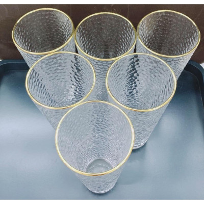 Bộ 6 cốc loe cao thấp thủy tinh viền vàng vân sần 400ml