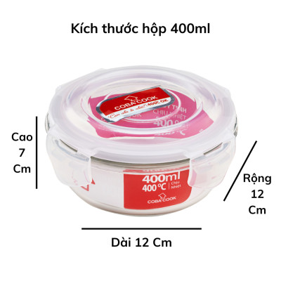 Bộ 3 hộp cơm thủy tinh chịu nhiệt COBACOOK hình tròn 400m Kèm túi COBACOOK _ CCR43BS
