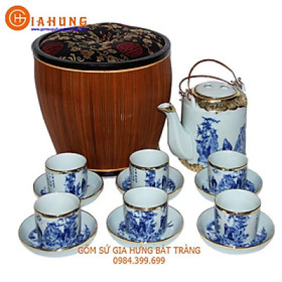 Bộ ấm tích 1.5 L men lam bọc đồng vẽ trúc lâm gốm Gia Hưng Bát Tràng
