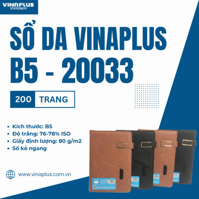 Sổ bìa da cao cấp B5 200 trang Vinaplus 20033 có khuy từ chữ U, ngăn để điện thoại