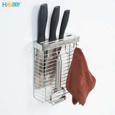 Kệ để dao kéo có móc treo khăn inox 304 dán tường Hobby home decor TD1