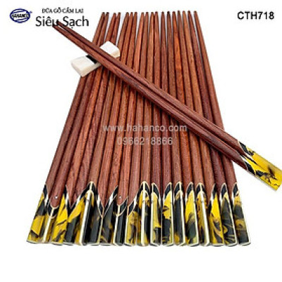 Đũa gỗ Cẩm lai đầu cẩn thạch chéo vân kẻ vàng (10 đôi/Hộp) CTH718 - Sang trọng trên bàn ăn - An toàn cho sức khỏe