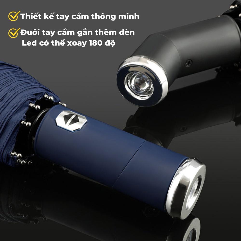 Ô dù thời trang tự động 2 chiều một nút bấm chống tia UV có đèn LED xoay 10 nan logo xe hơi cao cấp