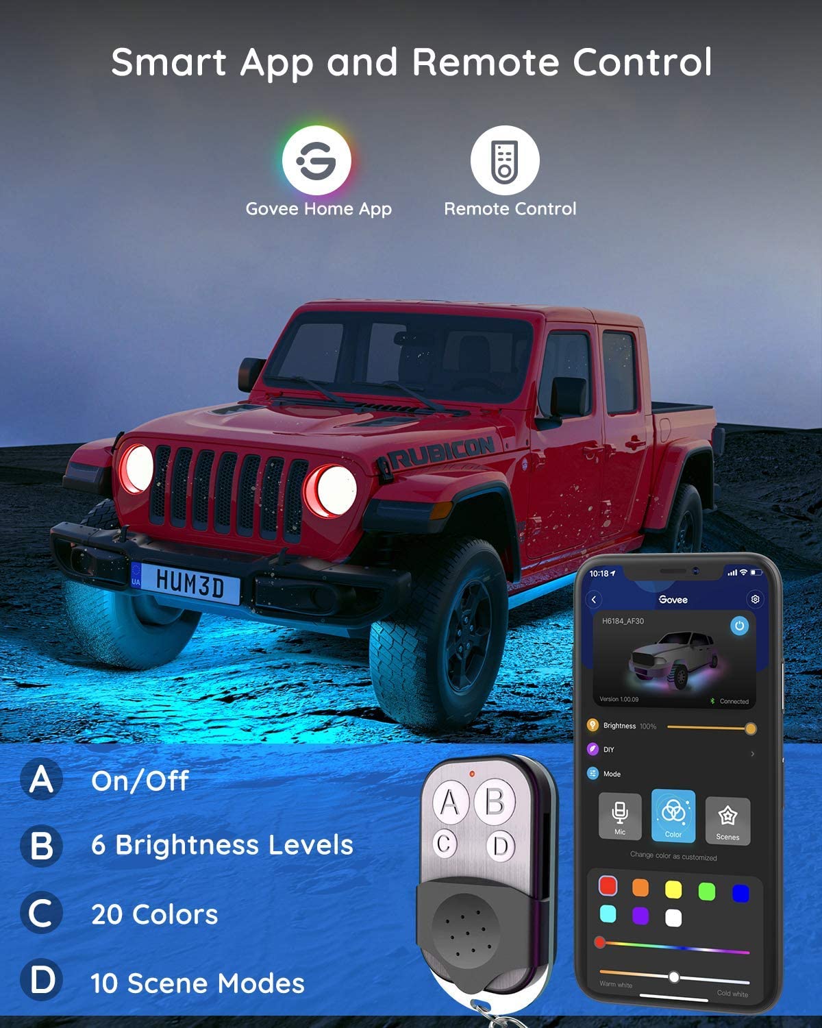Đèn LED gầm ô tô Govee RGBIC Exterior Car Underglow Light H6184 | Kháng nước, cảm biến nhạc RGB 16 triệu màu