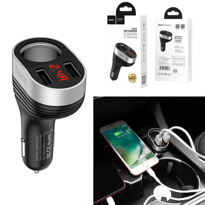 Bộ chia tẩu sạc dùng cho ô tô, xe hơi nhãn hiệu Hoco Z29, Đầu vào: DC12 - 24V, Đầu ra: USB1/2DC5V/2.4A,ổng đầu ra 2 cổng USB: DV5V/3.1A Max , Đầu ra 2 lỗ tẩu sạc: 96W Max , Hàng nhập khẩu