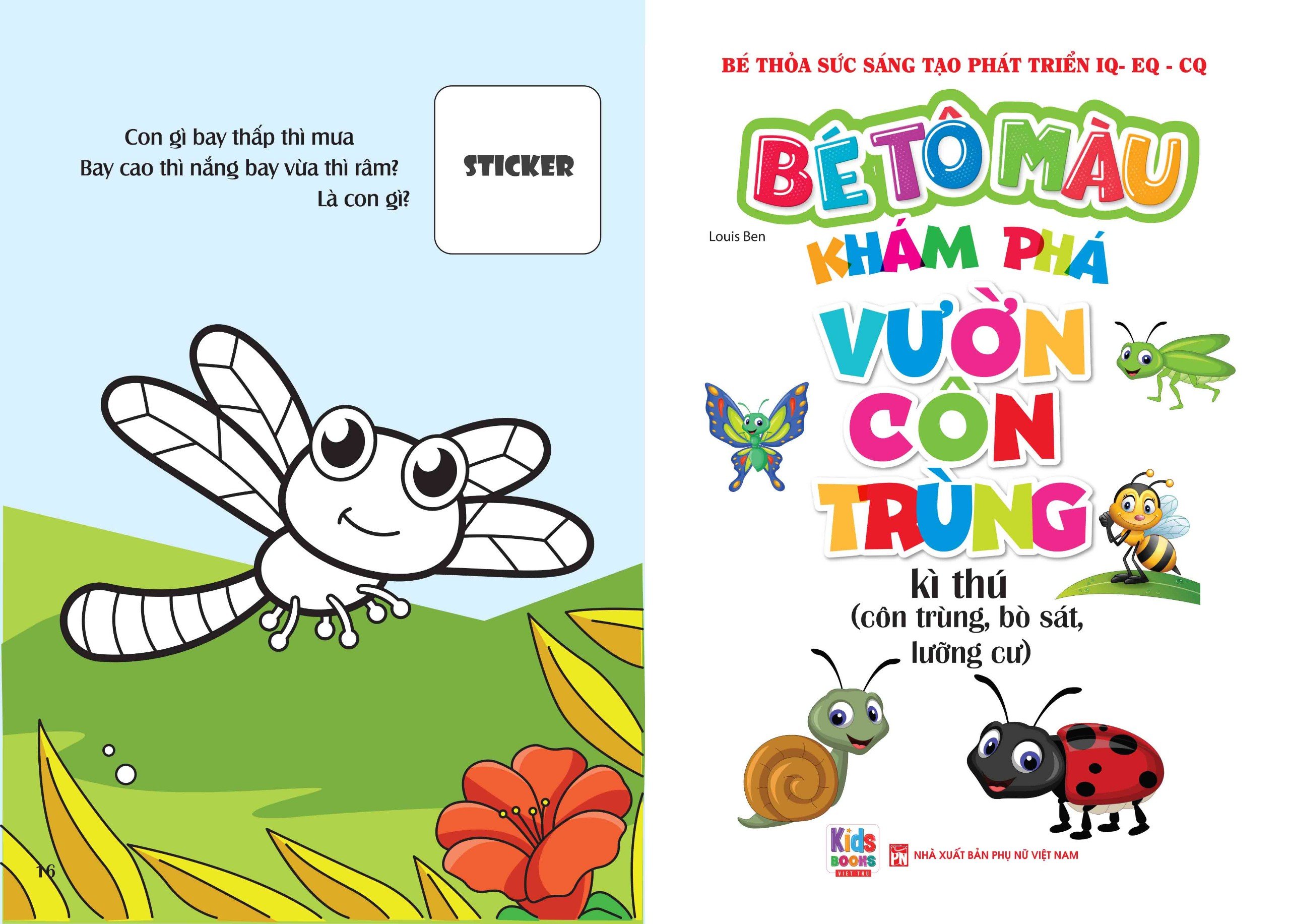 Bé tô màu: Khám phá vườn côn trùng kì thú (côn trùng, bò sát, lưỡng cư) (20+ hình dán sticker)