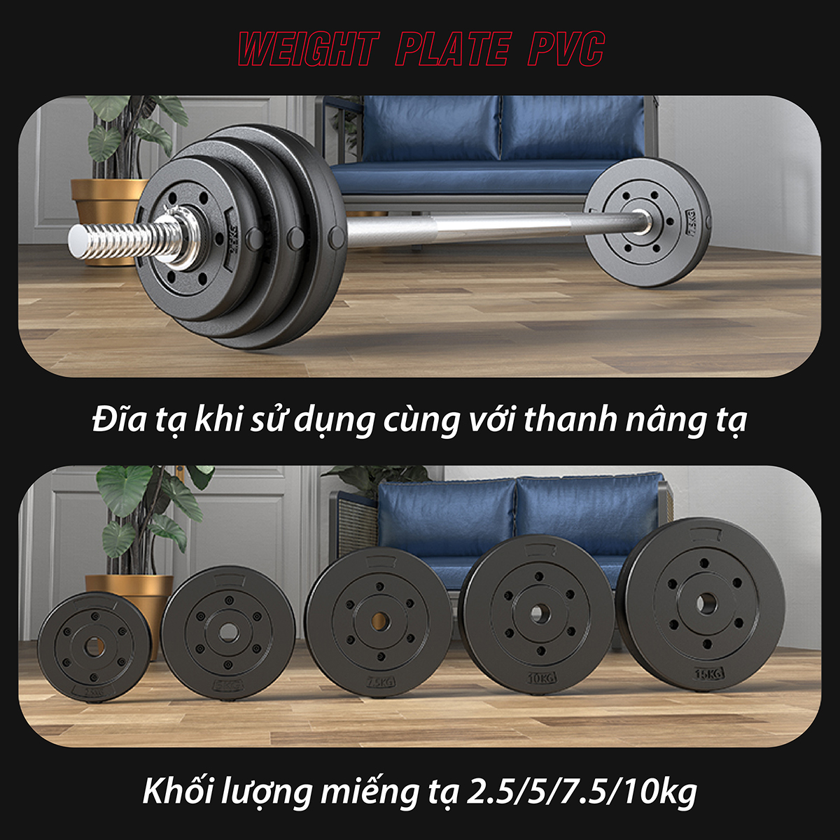 BG Bánh Tạ Nhựa 15kg Đặc Ruột - Sẵn Kho Giao Liền - Tạ Miếng Nhựa