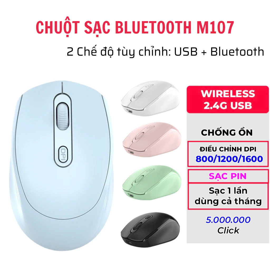 Chuột không dây wireless 2.4Ghz sạc pin, chồng ồn, DIP1600 chuyên dùng cho máy tính, laptop, tivi MÀU ĐEN - Hàng Nhập Khẩu