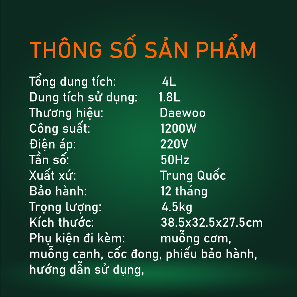 Nồi cơm điện cao tần Daewoo DWRC-G411IH 1.8L lòng nồi cực dày - Hàng chính hãng