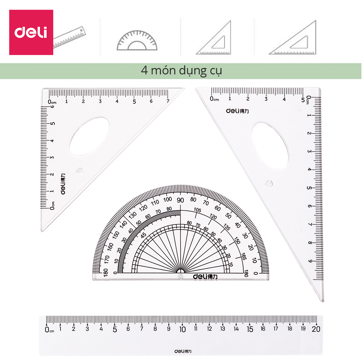 Bộ thước kẻ, thước đo độ, eke học sinh - Bộ dụng cụ học tập 4 chiếc - 79529