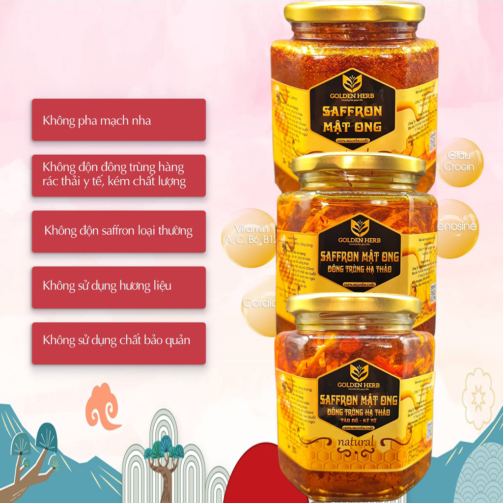 Mật Ong Saffron Đông Trùng Hạ Thảo Táo đỏ Kỷ tử 180ml/lọ Golden Herb