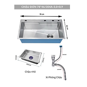 Combo chậu rửa chén 1 hố 7846 sus304 Valenza vòi rửa bát nóng lạnh dây rút 02 bộ xả khay inox bình rửa bát- Dày 3li