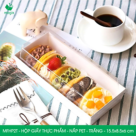 MFHP2T - 15.5x8.5x6 cm - 25 hộp giấy thực phẩm màu trắng nắp Pet, hộp giấy chữ nhật đựng thức ăn, hộp bánh nắp trong