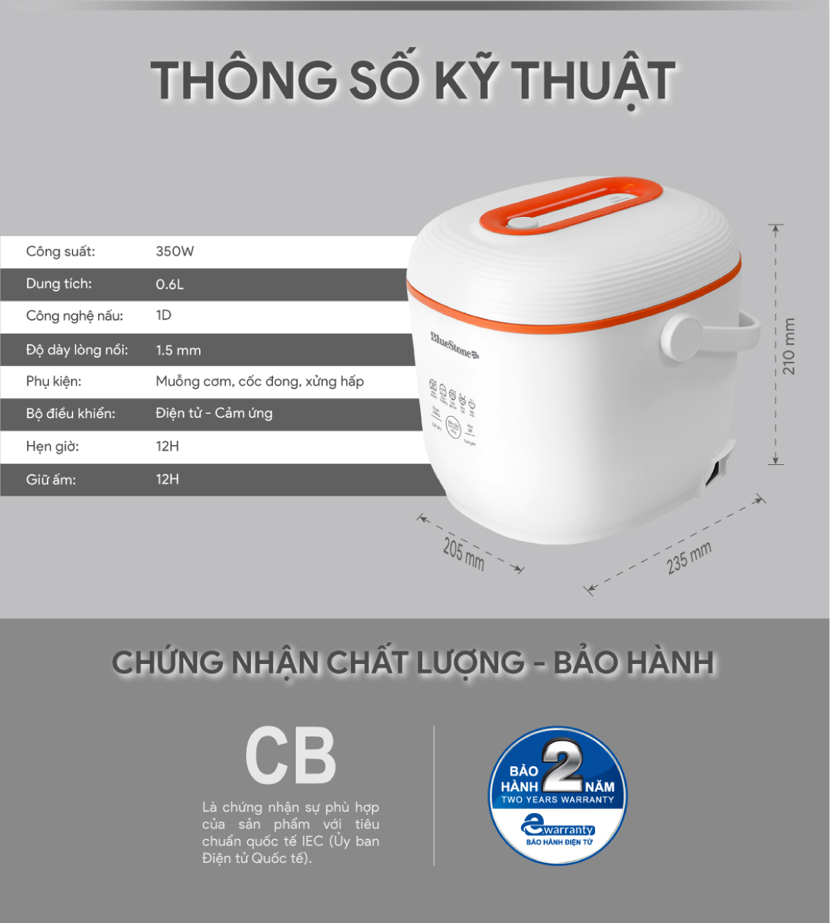 Nồi Cơm Điện Tử BlueStone RCB-5928 - 0.6 Lít - 350W - Điều Khiển Cảm Ứng - Hẹn Giờ - Giữ Ấm - Lòng Nồi 1.5mm - Bảo Hành 2 Năm - Hàng Chính Hãng